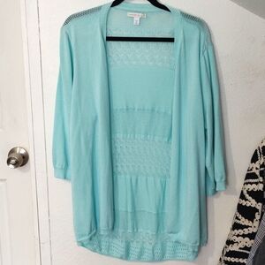 Westport Pointelle Knit Open Front Cardigan in Light Blue Size 2X